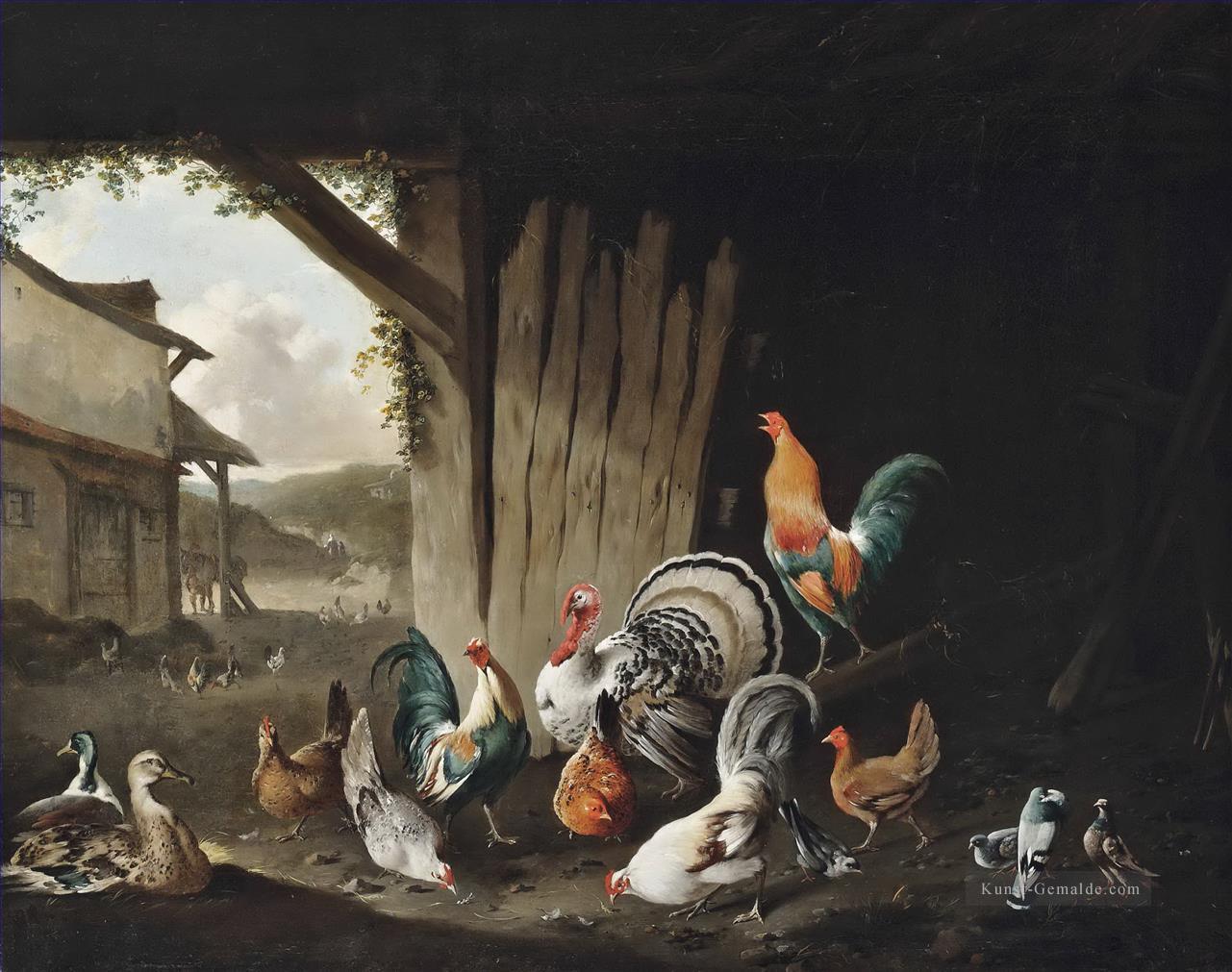 Truthähe Hühner Enten und Tauben in einem Bauernhof Philip Reinagle Geflügel Ölgemälde
